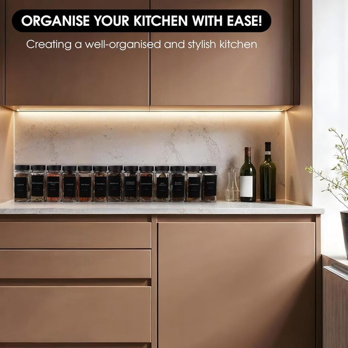 Набір кутових банок для спецій [25x 120 мл] з чорними кришками, дозатор для спецій з вставкою для сипучих продуктів та 308 етикетками, високоякісні контейнери для спецій, органайзер для спецій