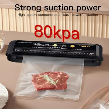 Вакууматор Megawise для продуктів з потужністю 80 кПа, автоматичний вакуумний пакувальник з режимами для сухих та вологих продуктів, чорний, комплект з 10 пакетами та різаком