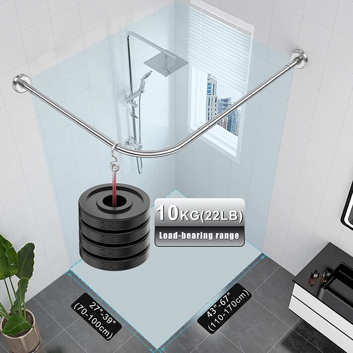 Регульований карниз для душу L-Shower з 18 кільцями, без свердління, стійкий до іржі, 70-100x70-100/110-170см, срібло