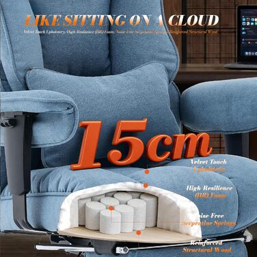 Ергономічний офісний стілець Efomao XXL до 200 кг, блакитний: крісло для важких користувачів з підставкою для ніг та товстим м'яким сидінням