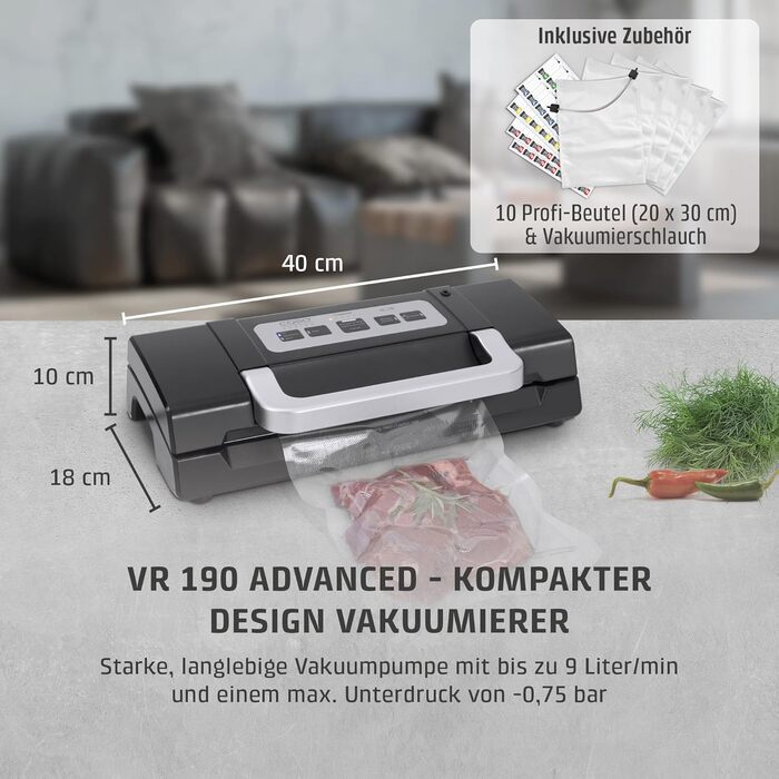 Вакууматор Caso HC170 для продуктів з регулюванням часу запаяння, потужний насос 9 л/хв та набором пакетів 20x30см