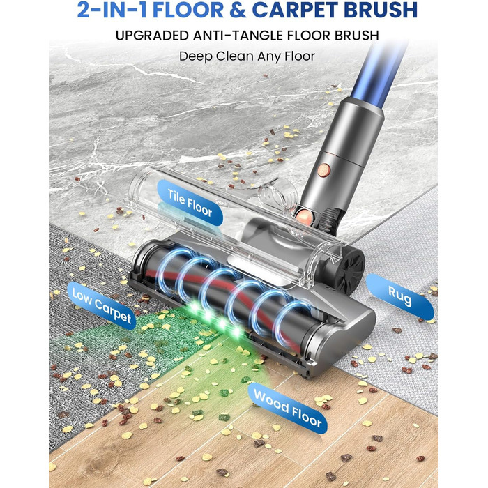 Бездротовий пилосос Dzaki 45000Pa з акумулятором, Smart-дисплеєм, функцією паркування та антизаплутанащістю для килимів, твердих поверхонь, шерсті тварин та авто (блакитно-сірий)