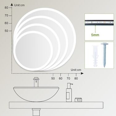 LED дзеркало для ванної кімнати AllRight з підсвічуванням 50 см, кругле, димування, 3 кольори світла, сенсорне керування, антизапар, для макіяжу та гоління