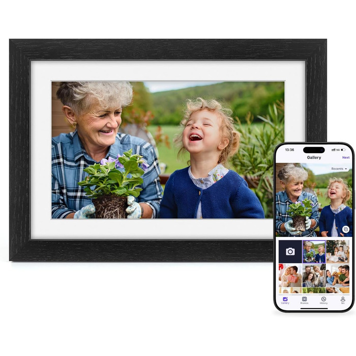 Цифровий фоторамка Eptusmey 10.1 дюйма з Wi-Fi, корпус з дуба, 32GB, IPS Touchscreen, підтримка Uhale APP, для подарунків, білий дуб