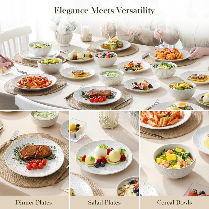 Набір посуду Malacasa LYDIA (24 шт.) для 4 осіб, бежевий: 16-ти частинний сервіз зі столових тарілок та чашок з рельєфом, з каменю