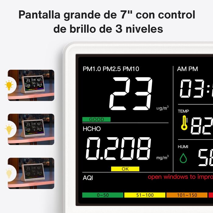 Вимірювач якості повітря Bonoch 16 в 1: Моніторинг CO2, TVOC, PM2.5, PM1.0, PM10, HCHO, Температура, Вологість, AQI, Час, Білий