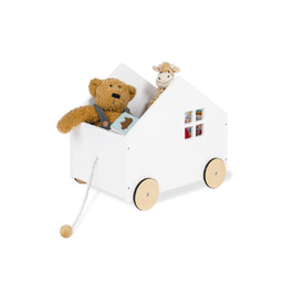 Коробка для іграшок PINOLINO Hydda у формі будиночка, виготовлена з дерева, зі шнурком та прогумованими дерев'яними колесами, від 3 років, біла