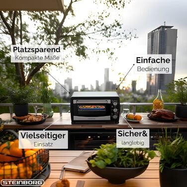 Міні-піч Steinborg® з конвекцією 20 літрів: піч для піци, крихти, конвекція, верхнє та нижнє нагрівання, 1400 Вт, таймер, для кемпінгу або дому