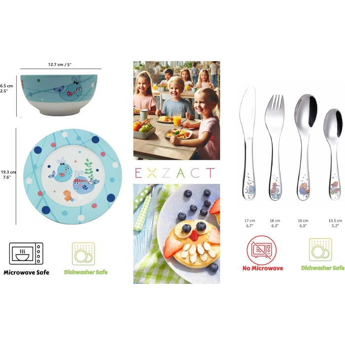 Набір дитячого посуду Exzact з нержавіючої сталі (6 шт.) - миска, тарілка, ніж, виделка, ложка для чаю, столова ложка - подарункова коробка