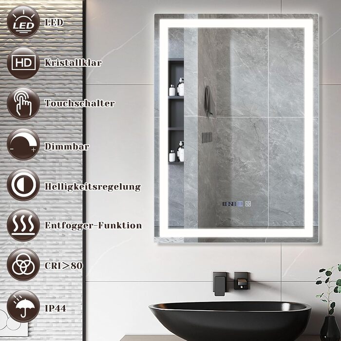 Дзеркало для ванної кімнати Mursche з підсвічуванням LED, 50x70 см, IP44, сенсорний вимикач, годинник, антизапар, регулювання яскравості 3000K-6500K