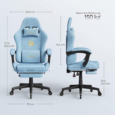 Ігровий крісло WOLTU з регульованою спинкою, обертовий офісний крісло з підлокітниками, підставкою для ніг, поперековою підтримкою, підголівником, блакитний