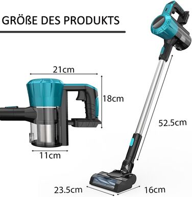 Бездротовий акумуляторний пилосос сухий, замінник Makita 18V, 2 x 5.5AH, 15000Pa, LED, 1.5L, для твердих поверхонь, килимів та шерсті тварин (без акумулятора)