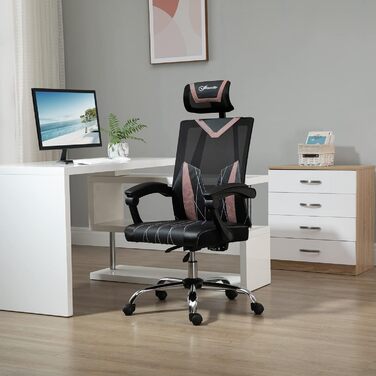 Крісло офісне Vinsetto Ergonomic з сітчастою спинкою, роліками, підтримкою попереку та шиї, регулюванням висоти та нахилу, 58x62.5x112-120см, Рожеве