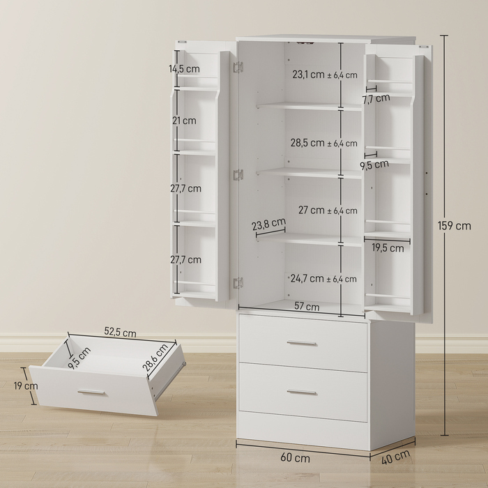 Кухонна шафа 159 см з регульованими полицями та 2 висувними ящиками, ідеально підходить для кухні або їдальні. Виготовлена з ДСП та МДФ, колір – білий.