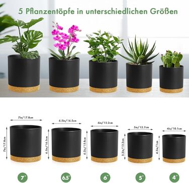 Набір горщиків для квітів 5 шт. з підставками, 17.8/15.2/14/12.7/10.2 см, пластик, для дому та балкону, чорний з коричневою підставкою