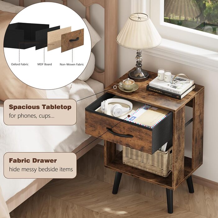 Набір з 2 приліжкових тумбочок, 40x30x60.3 см, з шухлядою, з дерева, для спальні/дитячої кімнати