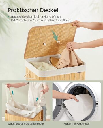 Кошик для білизни SONGMICS з кришкою, 2 відділення, 120 літрів, бамбук, складний, знімний мішок для прання, з ручками, для ванної кімнати, спальні, натуральний колір