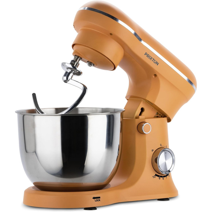 Міксер Prixton KR250 для випічки, 1500 Вт, 10 швидкостей, чаша 5 л з нержавіючої сталі, 3 насадки, прозорий ковпак (Оранжевий)
