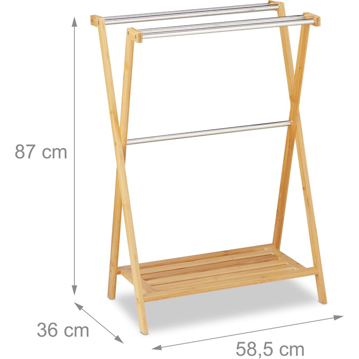 Рушникосушка Relaxdays, 5 стовпів, бамбук, нержавіюча сталь, з полицею, HBT 87x58.5x36 см, натуральна