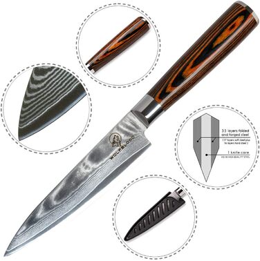 Ніж кухарський Damast від Wolfblood (24см) з нержавіючої сталі Damast, 67 шарів, з дерев'яною ручкою, сертифікований TÜV, у подарунковій коробці з захистом леза