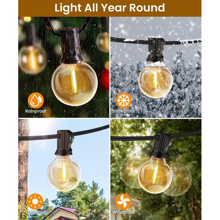 LED гірлянда для вулиці, 20 метрів, G40, 30+2 лампочки, пластик, IP44, вологостійка, для саду, вечірки, тепле світло, 20м, EU