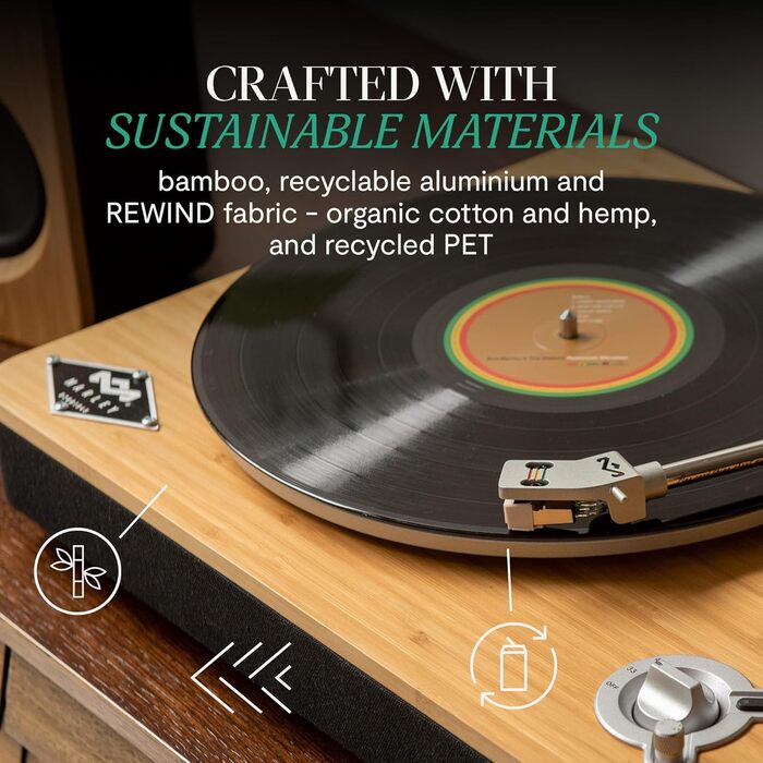 Вініловий програвач House of Marley Stir It Up Wireless Bluetooth, екологічний, 33/45 об/хв, з передпідсилювачем, головкою Audio-Technica, корпус з бамбука