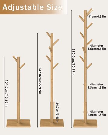 Вішалка для одягу Yawinhe у вигляді дерева з антиковзним покриттям, з масиву дерева, 180 см, 8 гачків, 3 регульовані висоти, для передпокою, 1 шт.