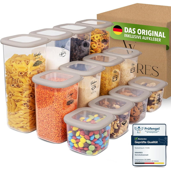 Набір контейнерів для зберігання з кришкою 12 шт. – Герметичні контейнери для борошна, мюслі, горіхів та ін. – Без BPA, складаються, придатні для миття в посудомийній машині – Вкл. наклейки