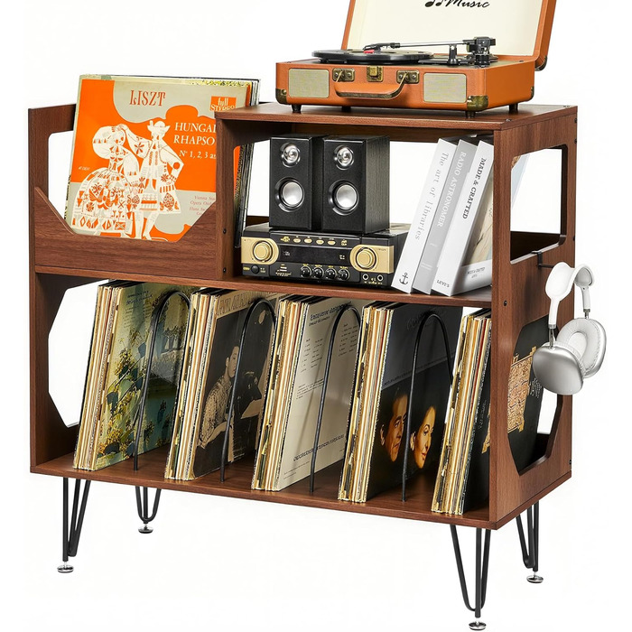 Підставка для програвача вінтаж 4 яруси, дерев'яна полиця для платівок з місцем для зберігання 300+ альбомів, підставка для вінілових пластинок для вітальні, спальні, офісу (горіх)