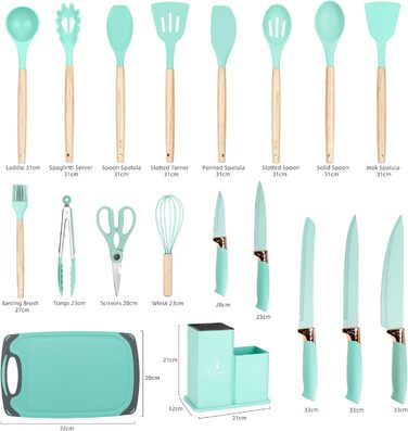 Набір кухонних ножів EliteHoff 19 предметів: 5 ножів, 12 кухонних аксесуарів, дошка для нарізання та підставка. Зручні дерев'яні ручки, силіконові аксесуари, безпечні для харчових продуктів, придатні для миття в посудомийній машині, чорний (E-6073)