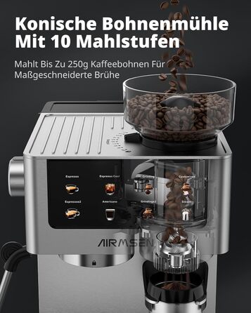 Еспресо-машина Siebträger з прозорою колбою, 20 Bar, автоматичний спінювач молока, для капучино та лате, Dual Boiler (1350W & 1000W), 15s екстракція, нержавіюча сталь, бак 1.8L, сенсорний дисплей, автоматичний спінювач молока (з млинком)