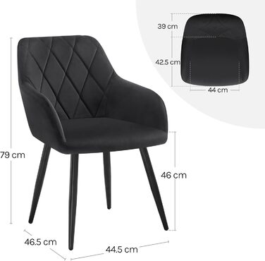 Набір обідніх стільців Woltu з підлокітниками та спинкою, для кухні, вітальні, їдальні, м'який оксамитовий чохол, металеві ніжки (Чорний, 8 шт.)