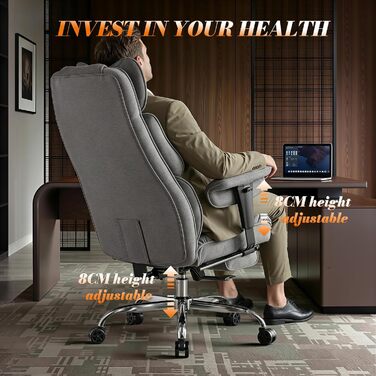 Офісний крісло Efomao XXL до 200 кг, важке, тканинне, з підставкою для ніг, ергономічне для комп'ютера з високою спинкою, похиле для дому/офісу, з товстою м'якою оббивкою (Сірий)
