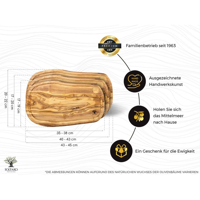 Подарунковий набір SOLTAKO з 3 предметів дошка для стейка з оливкового дерева, обробна дошка, сервірувальна дошка, дошка для сиру, натуральний зріз, 3 розміри, поглиблення для соку (макс. 60 символів)