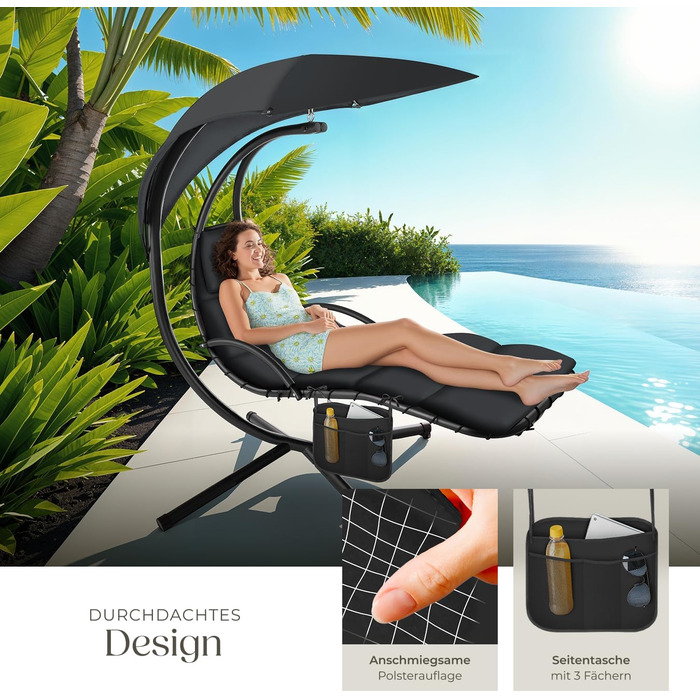 Тектайк® Гамак з каркасом, гамак-шезлонг, гамак-гойдалка з сонцезахистом, гамак-крісло з сумкою, подушкою для голови, для саду, тераси та балкону - (Чорний)