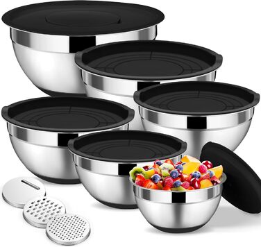 Набір мисок Onader з нержавіючої сталі: 5 мисок + 3 терки. Набір мисок для салатів з кришками, 5 шт. (0,7-4 л), чорний