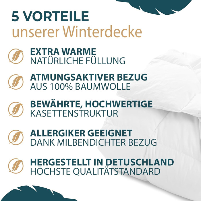 Пухова ковдра 155x220 см - тепла зимова ковдра з пухом та пером - екстра тепла та м'яка - зимова ковдра, яку можна прати та дихаюча - ковдра з сертифікатом Ökotex