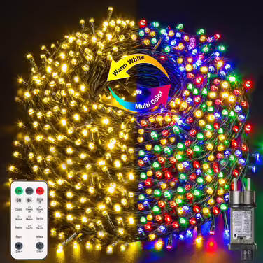 Гірлянда GlobaLink 50 м, 500 LED для вулиці, теплий білий і різнокольоровий, 11 режимів, з пультом і таймером, диммована, 4 в 1 для новорічної ялинки та декору