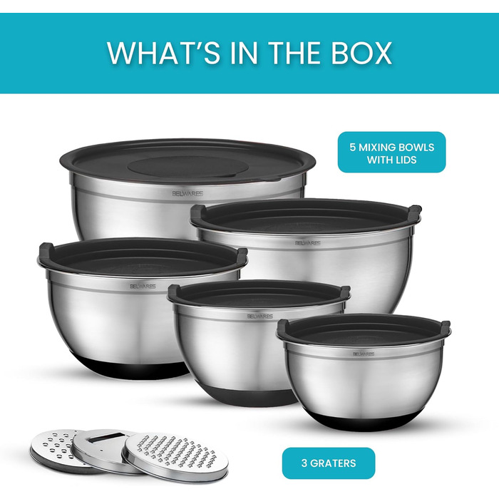 Набір місок для перемішування з кришками 5 шт. - міски для зберігання з герметичними кришками та тертками - містки з нержавіючої сталі з неслизьким покриттям для випічки, зберігання продуктів та приготування (Чорний)