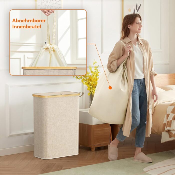 Кошик для білизни Lifewit 50L з кришкою, бамбуковий, з ручкою, для квартири, гуртожитку, кемпінгу, бежевий