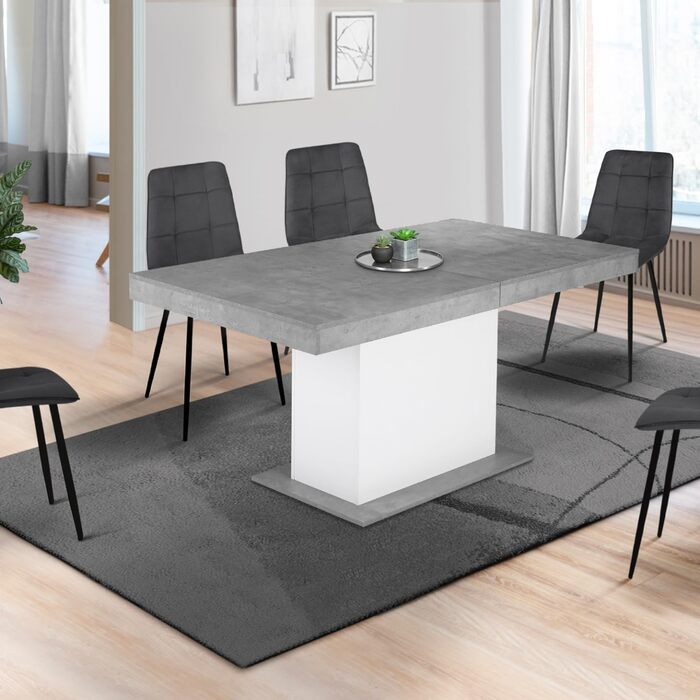 Розсувний обідній стіл Eden, прямокутний, на 6-10 осіб, бетон та білий колір, 160-200 см