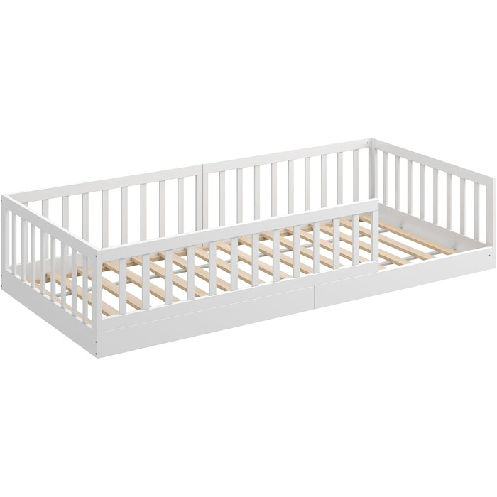 Ліжко дитяче CADANI Timi 2в1 Montessori 120x200 см з бортиками та ламелями, масив сосни, біле - 3 варіанти збірки, до 200 кг