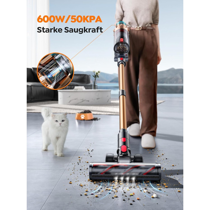 Акумуляторний пилосос SMOTURE 600W 50000Pa, бездротовий з міні-електрощіткою, для шерсті тварин, килимів, підлоги та авто - 65 хв роботи, сенсорний екран, функція ароматизації