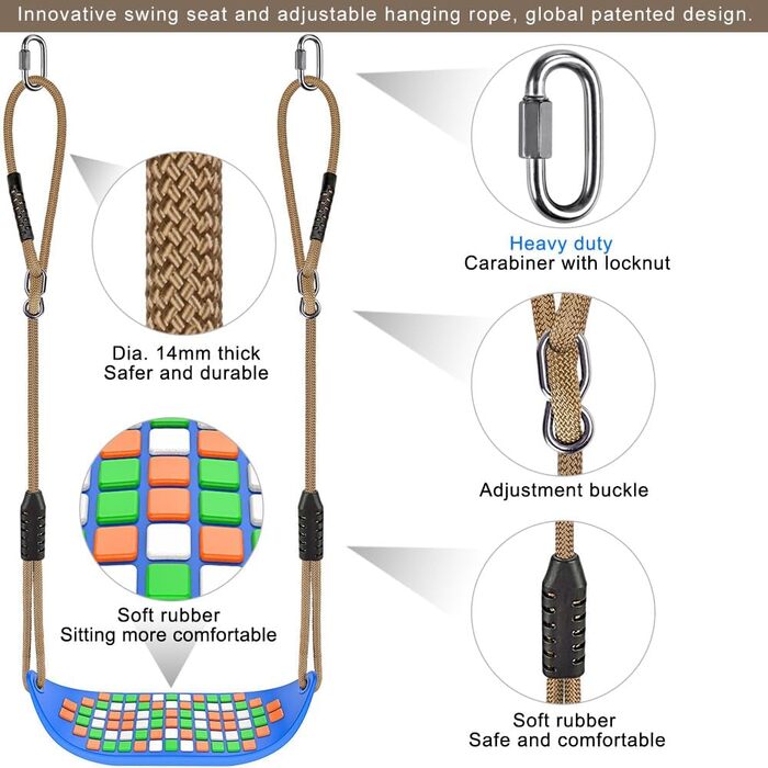 Гойдалка садові SELEWARE: набір з канатом 2м, 2 карабінами, міцна, чорна