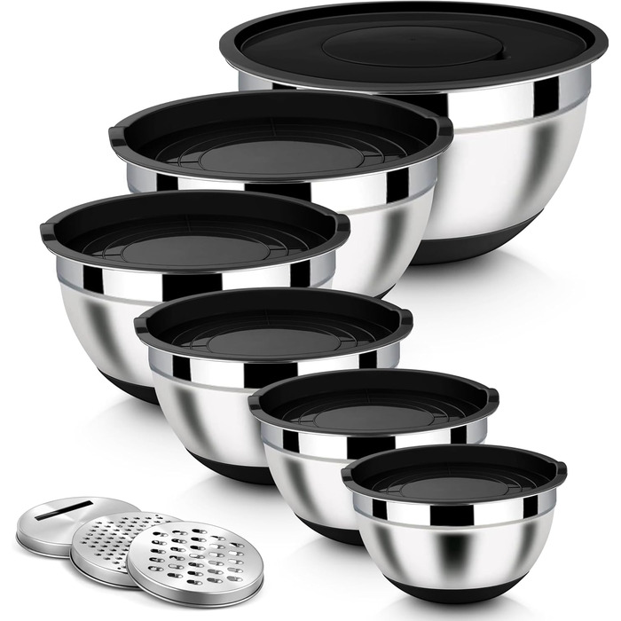 Набір місок Homikit з нержавіючої сталі, 6 шт. з тертками, кришкою та силіконовим дном, 4.6/2.8/2.5/1.6/1.2/0.7 л, чорний