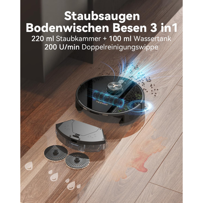 Робот-пилосос Tesvor S8 Pro з функцією миття - 8000Pa, 3в1, LiDAR-навігація, 240 хв роботи, керування через додаток/Alexa, для шерсті тварин, килимів та твердих підлог