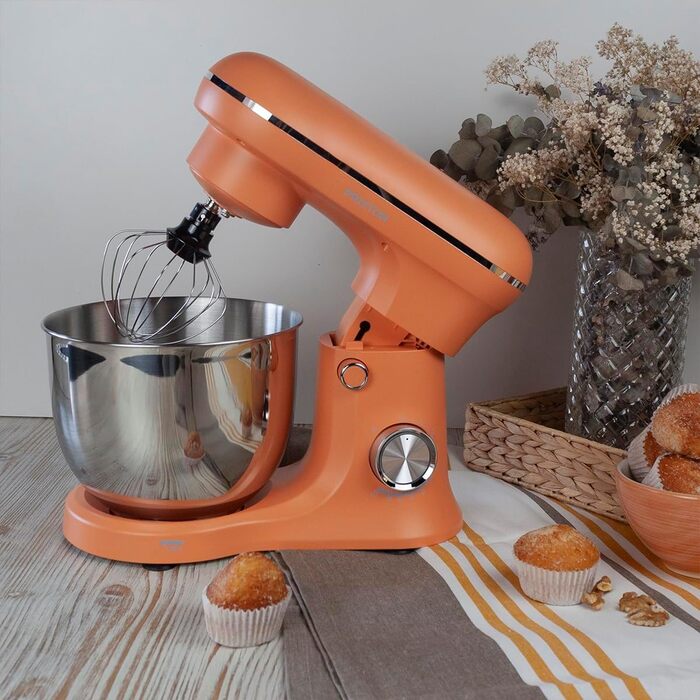 Міксер Prixton KR250 для випічки, 1500 Вт, 10 швидкостей, чаша 5 л з нержавіючої сталі, 3 насадки, прозорий ковпак (Оранжевий)
