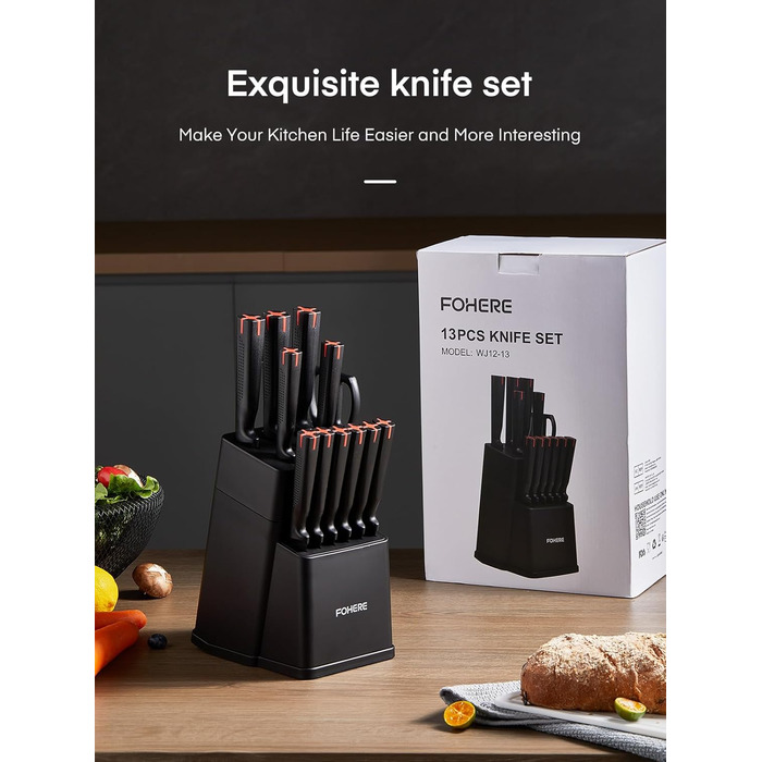 Набір ножів FOHERE 13 предметів з точилкою. Набір кухонних ножів з нержавіючої сталі з підставкою та інтегрованою точилкою (чорний)