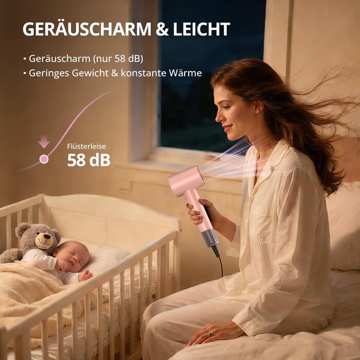 Іонний фен для волосся з безщітковим двигуном 180 000 об/хв, компактний дорожній фен з 4 режимами температури та захистом від перегріву, рожевий