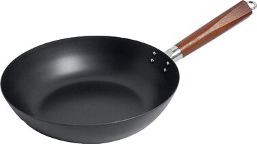 Сковорода Вок з плоским дном Ø 30 см з вуглецевої сталі готуємо на двох для всіх типів плит з дерев'яною ручкою і вушком